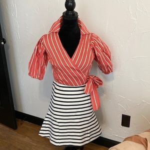Coral and White Stripes Wrap Top with Puffy Sleeves